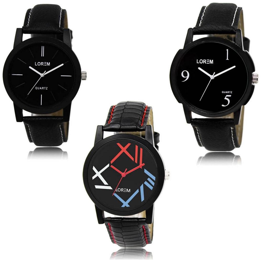 

LOREM LK-05-06-12 Black Color New Stylish Precious Design Pack of 3 Men watches
