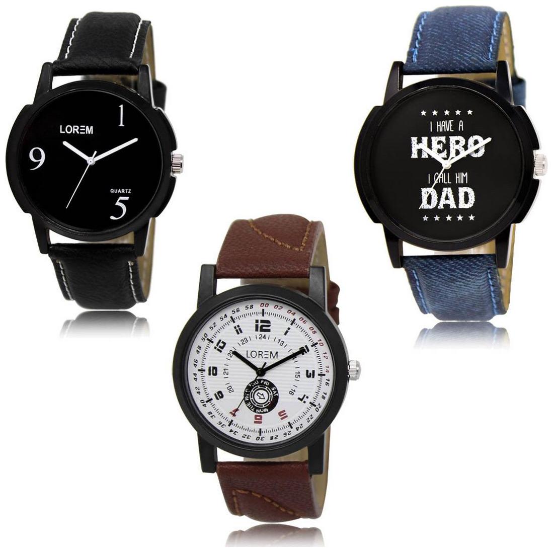 

LOREM LK-06-07-11 Multi Color New Stylish Precious Design Pack of 3 Men watches