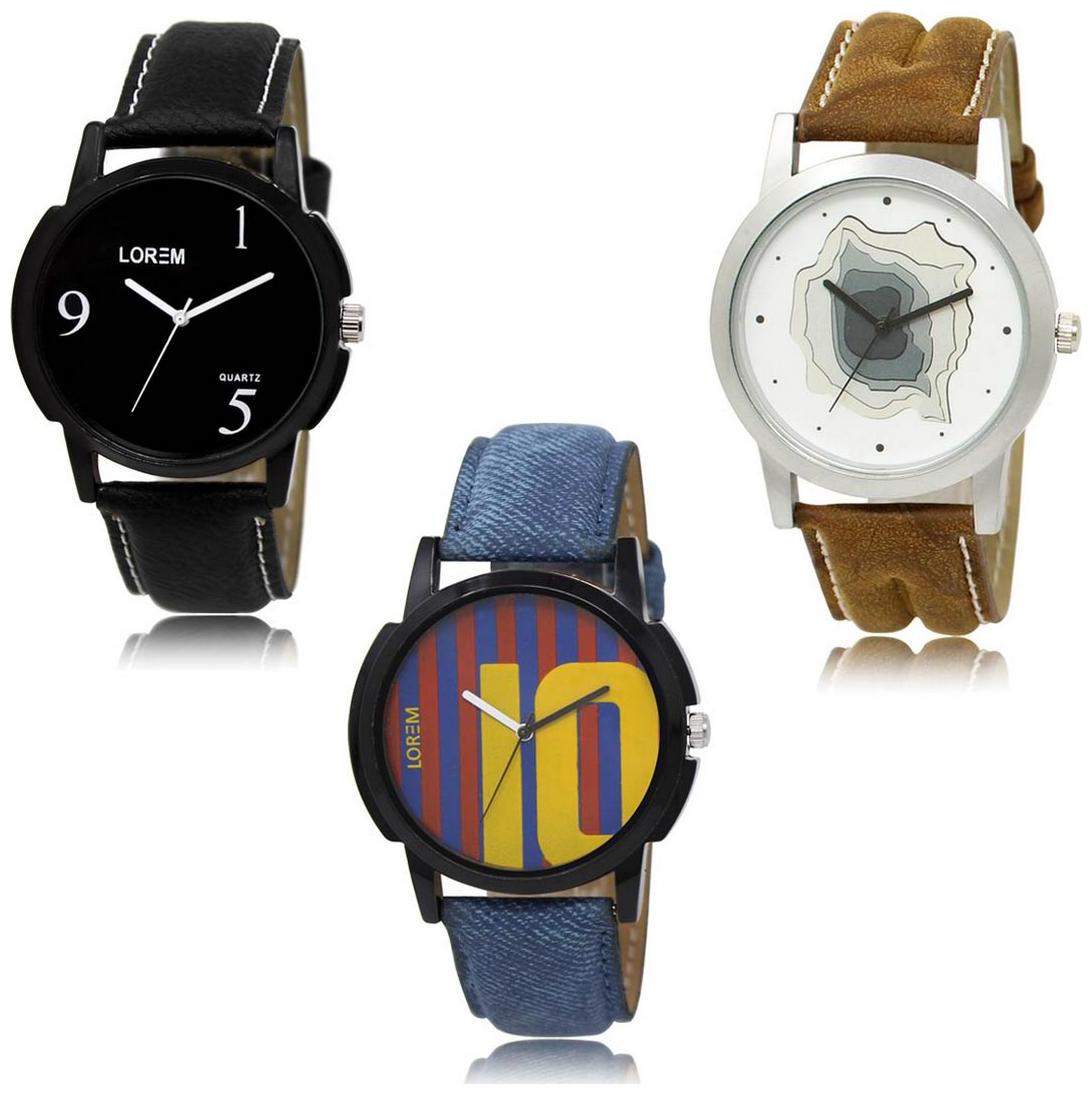

LOREM LK-06-09-10 Multi Color New Stylish Precious Design Pack of 3 Men watches