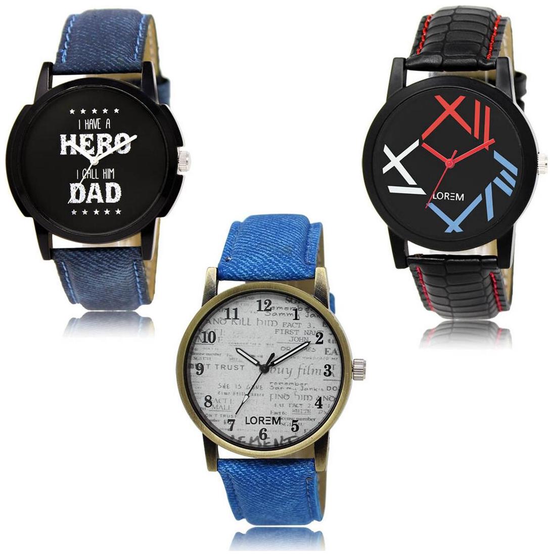 

LOREM LK-07-12-28 Multi Color New Stylish Precious Design Pack of 3 Men watches