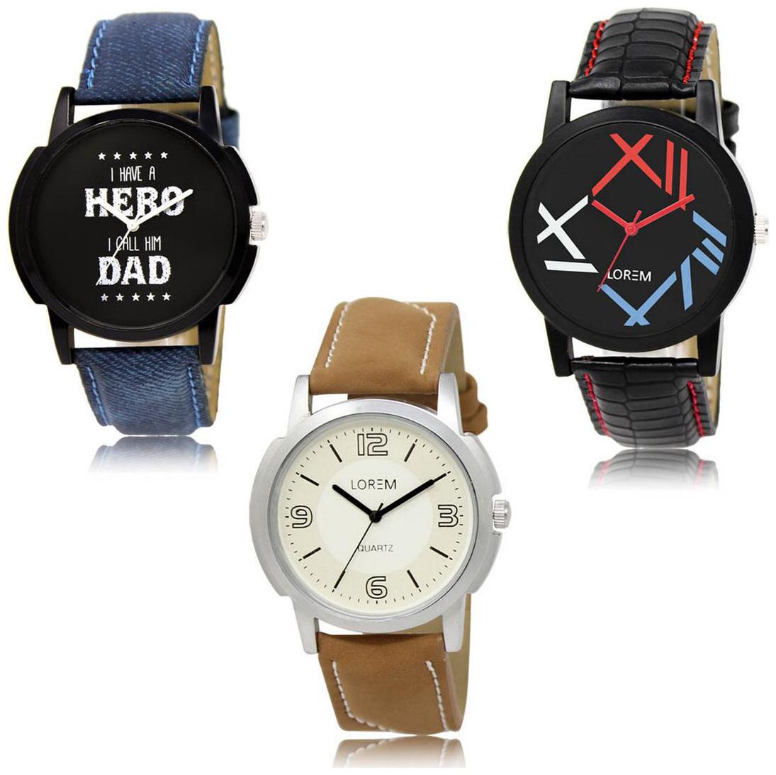 

LOREM LK-07-12-16 Multi Color New Stylish Precious Design Pack of 3 Men watches