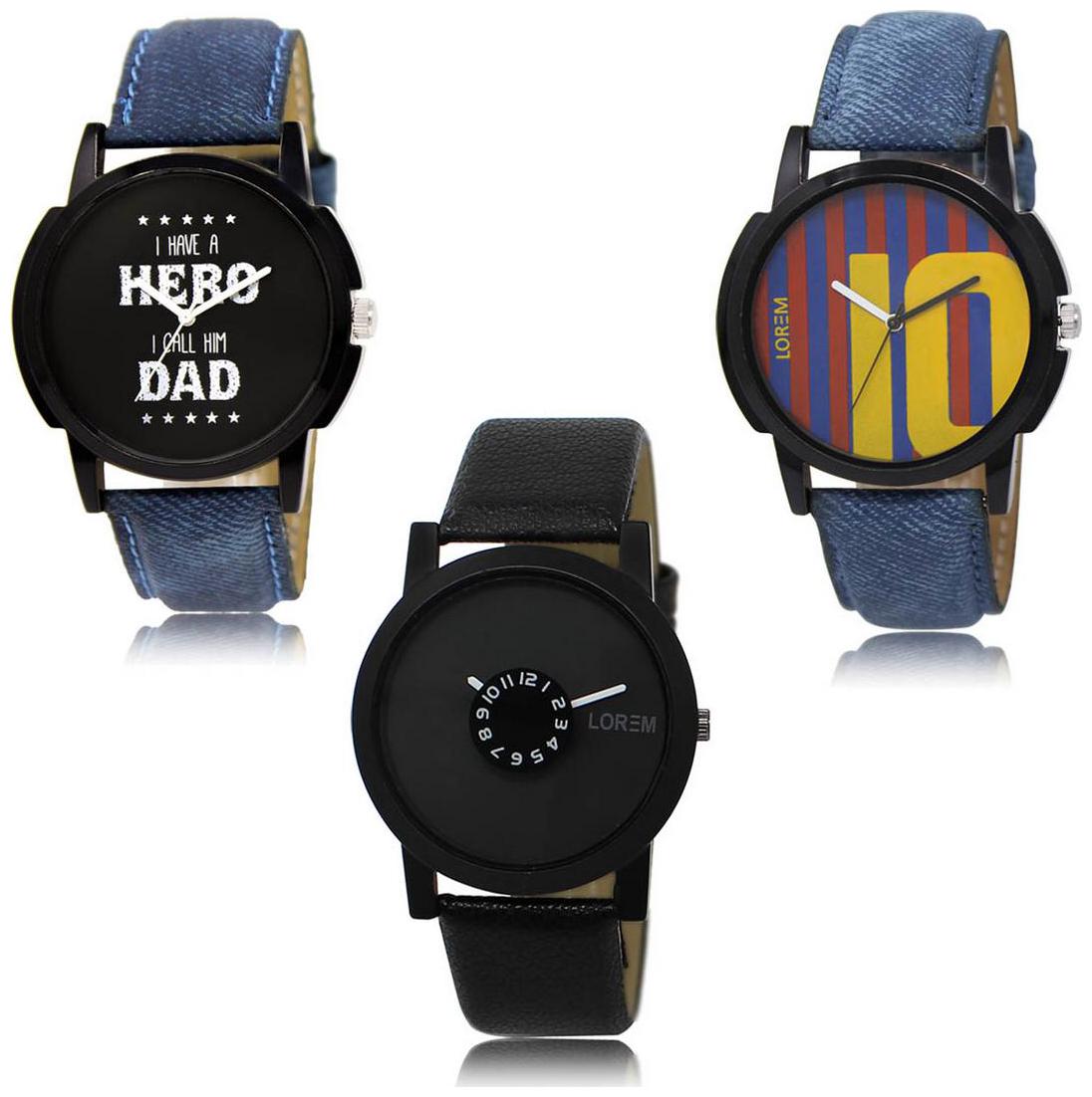 

LOREM LK-07-10-25 Multi Color New Stylish Precious Design Pack of 3 Men watches