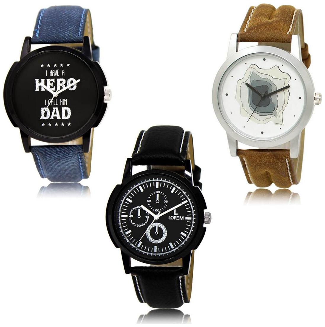 

LOREM LK-07-09-13 Multi Color New Stylish Precious Design Pack of 3 Men watches