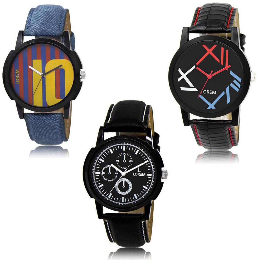 

LOREM LK-10-12-13 Black Color New Stylish Precious Design Pack of 3 Men watches