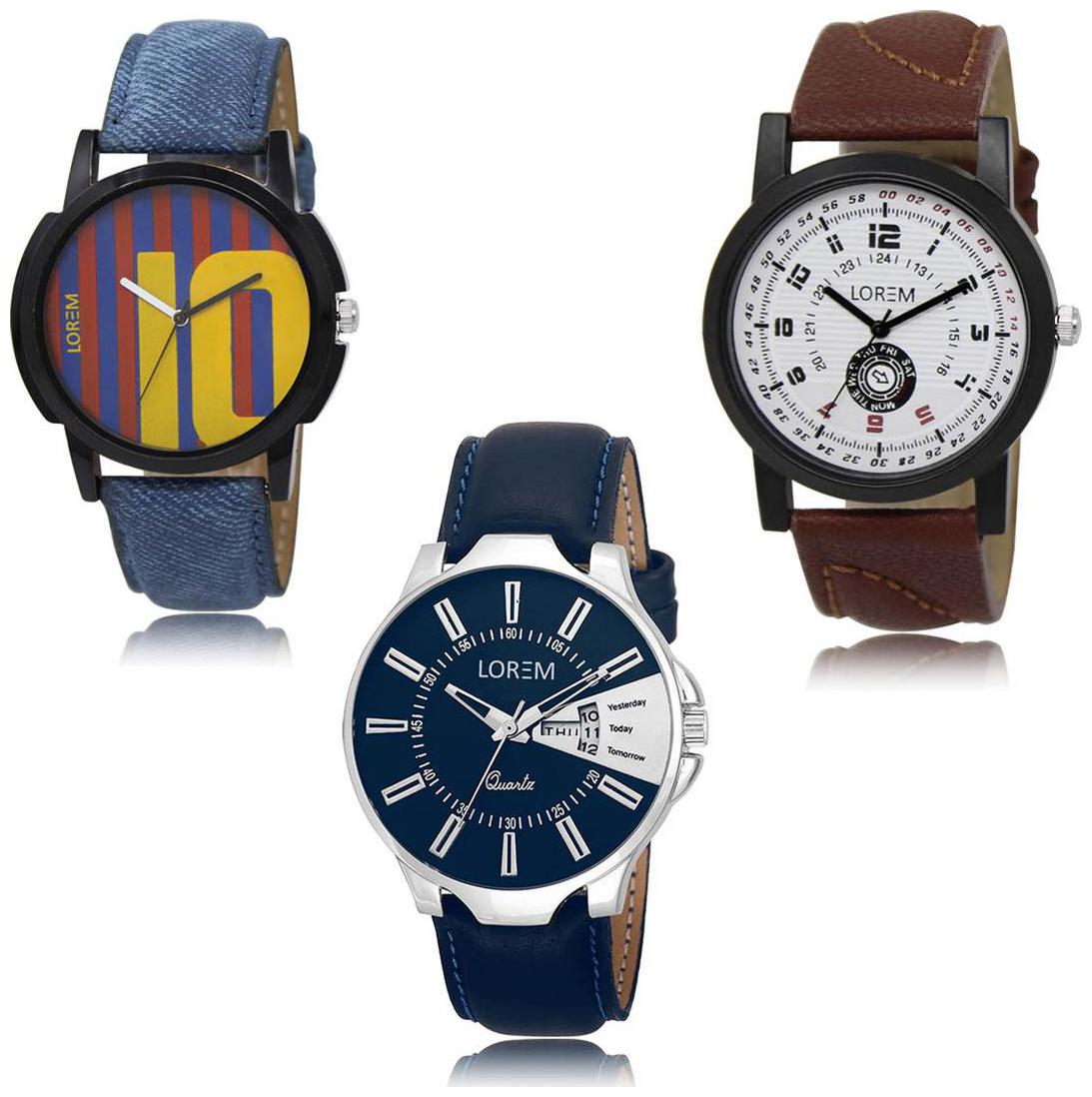 

LOREM LK-10-11-23 Day Date Function New Stylish Precious Design Pack of 3 Men watches