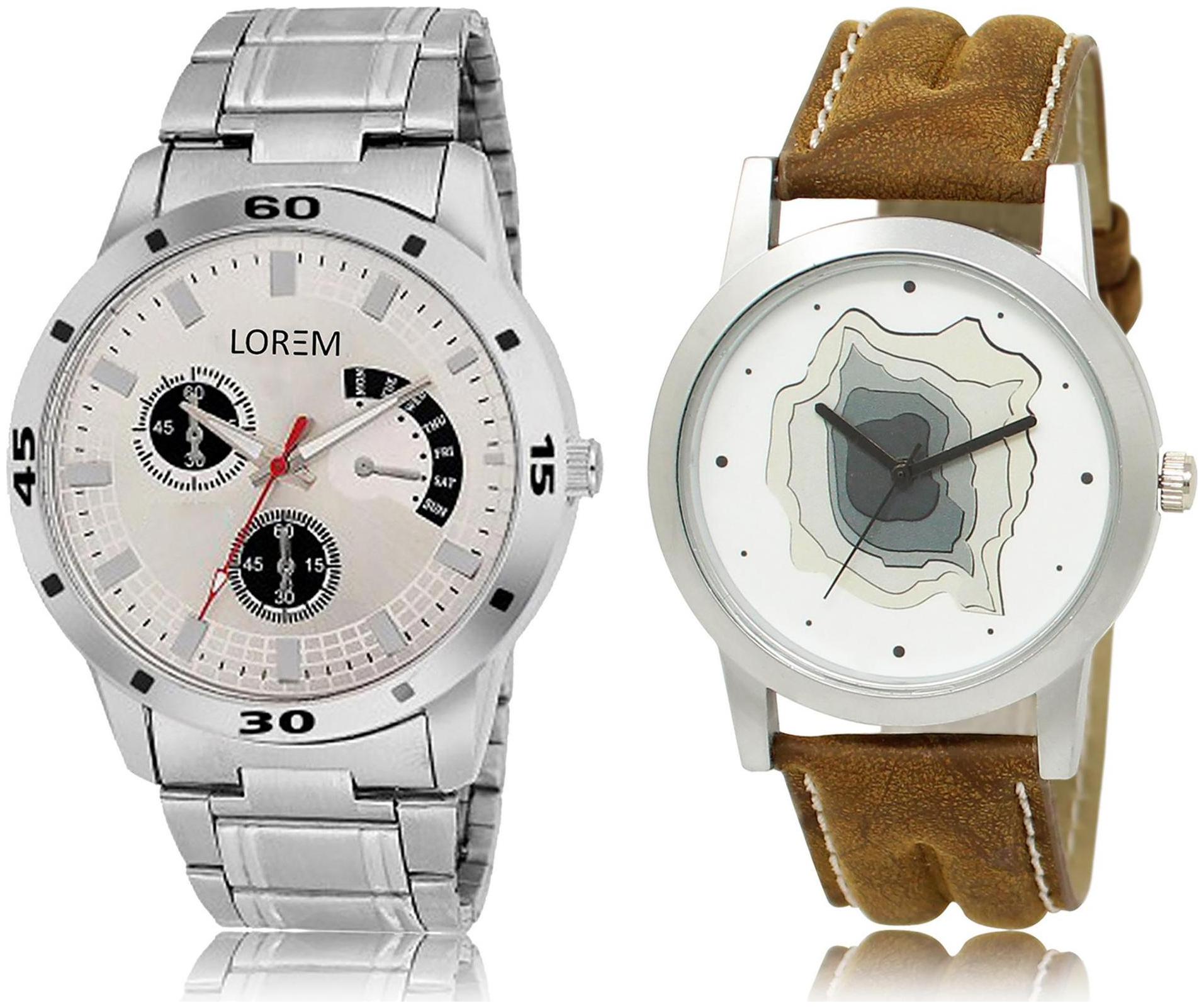 

LOREM LR9-101 White Silver Round Boy s Leather Metal Bracelet Wrist Watch