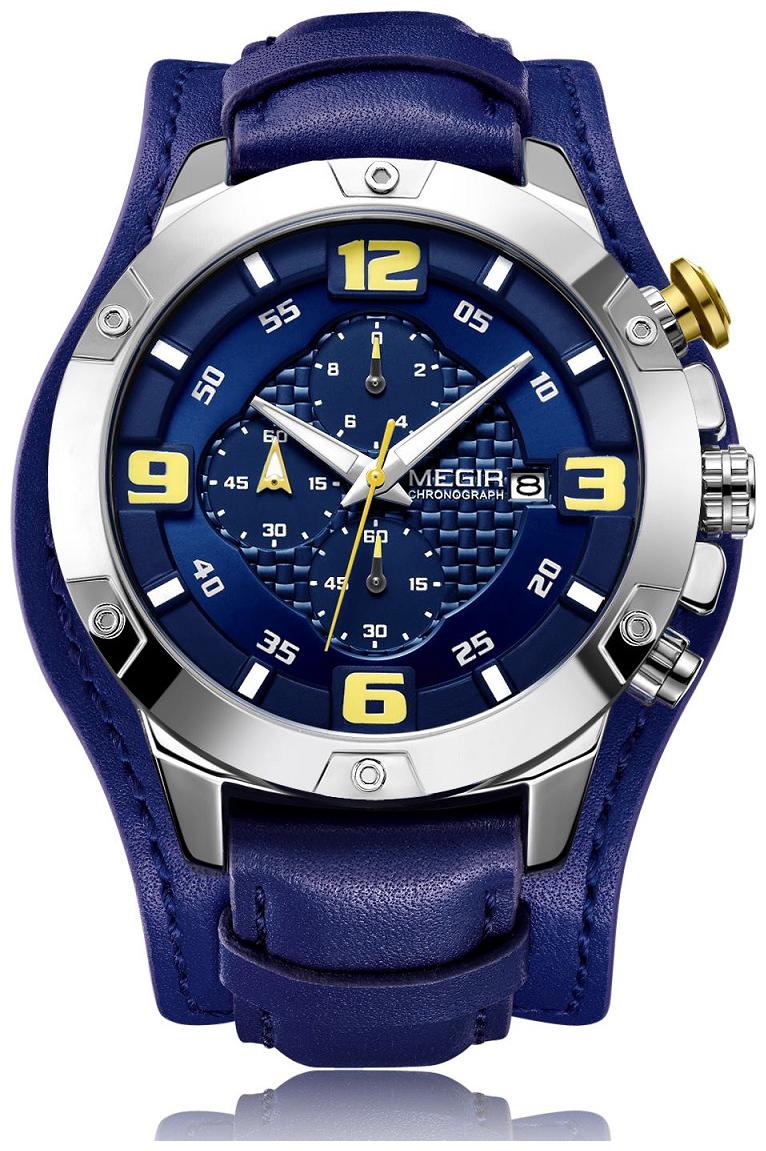 

Megir Luxury Original Brand Military Sports Men Analog Quartz Chronograph Leather Sport Watches ML2099 Blue
