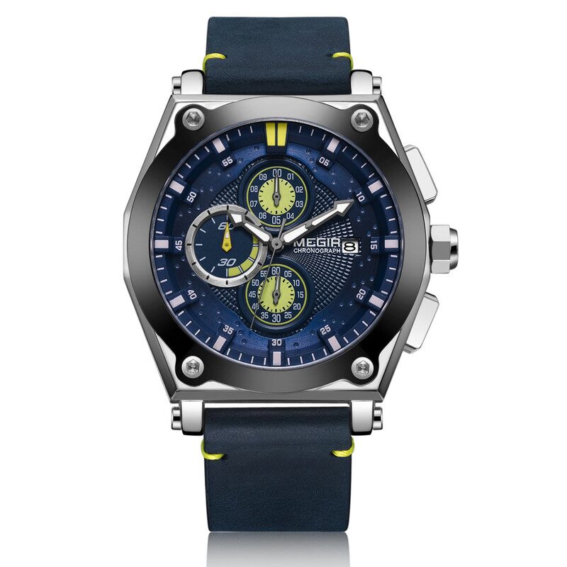 

Megir Military Sports Chronograph Leather Sport Quartz Watch Blue color -ML2098