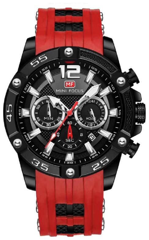 

Mini Focus Military Sports Analog Chronograph Silicon Band Red Quartz Watch -Mf0349