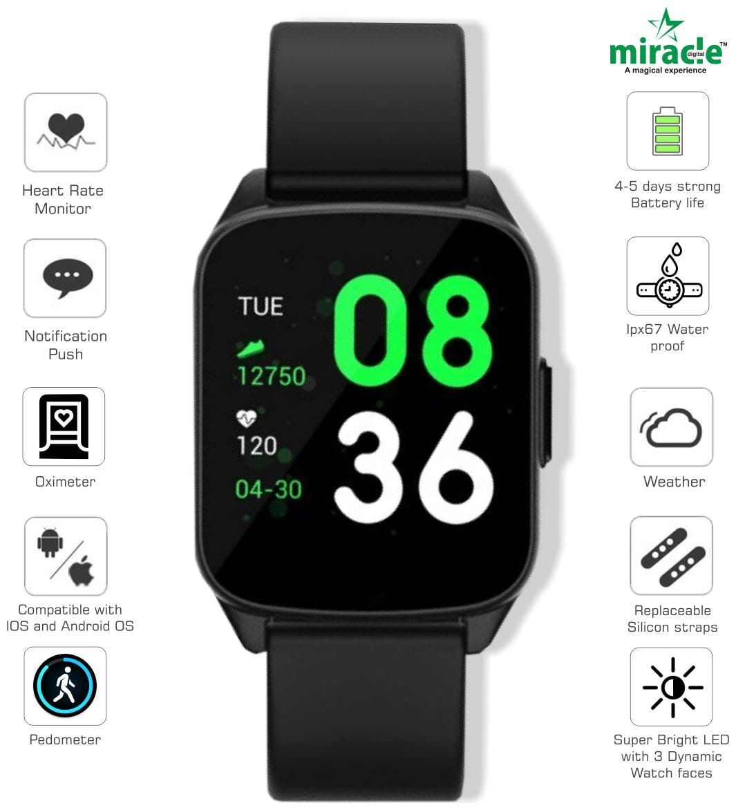 

Miracle Digital Gear PRO (Black) Fitness Band Smartwatch with 1 3 inch Bright Capacitive LED Full Touch Screen Multi Functional Activities Heartrate Monitor Blood Pressure IPX67 Water Proof