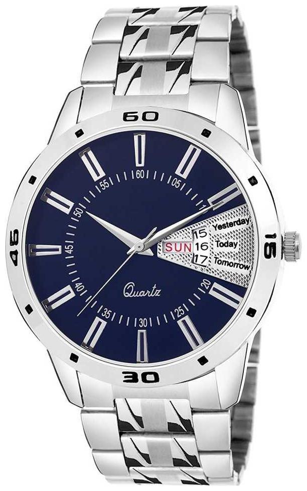 

New Arrival Blue dial Silver quartz Day Date silver METAL Belt Stylish watch for men s Boys