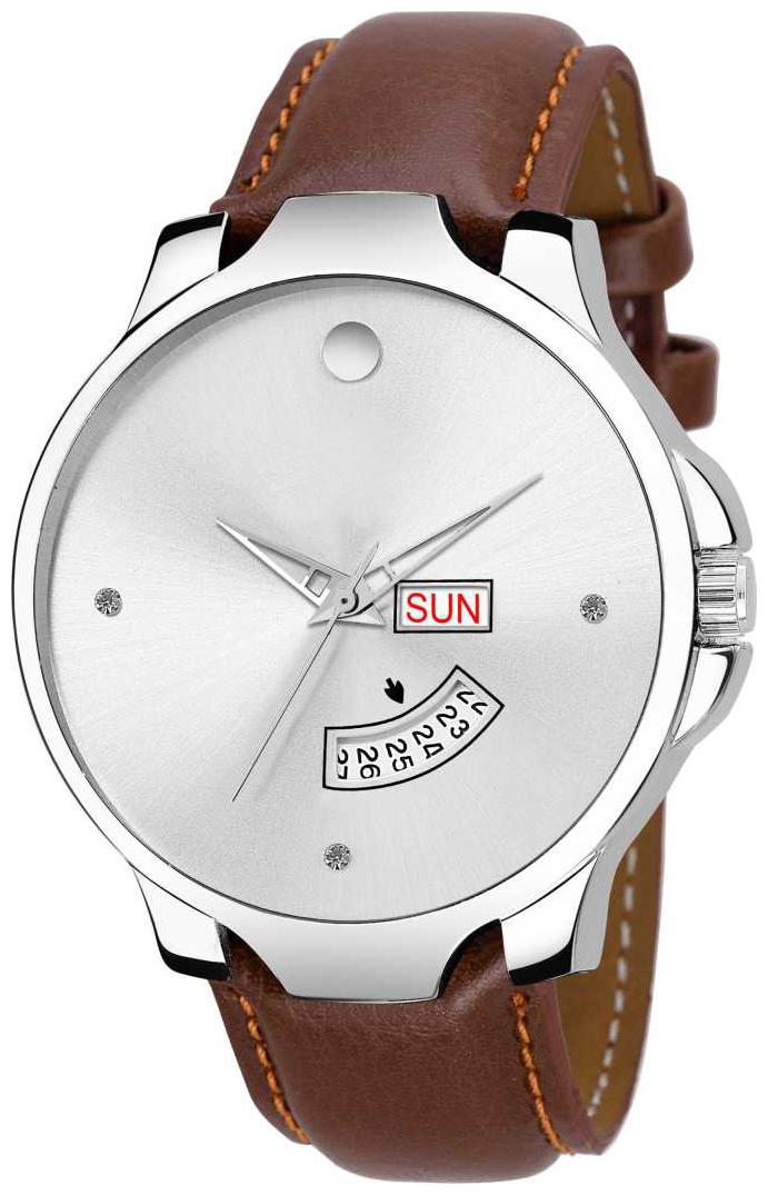 

New Arrival Full Silver dial diamond number Day Date Brown lather Belt Stylish watch for men s Boys