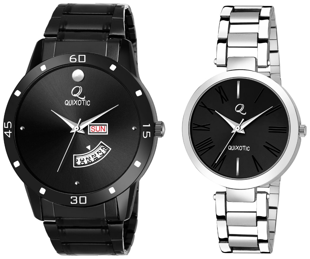 

QUIXOTIC Glamorous Black Day-Date Wrist Watch for Couple