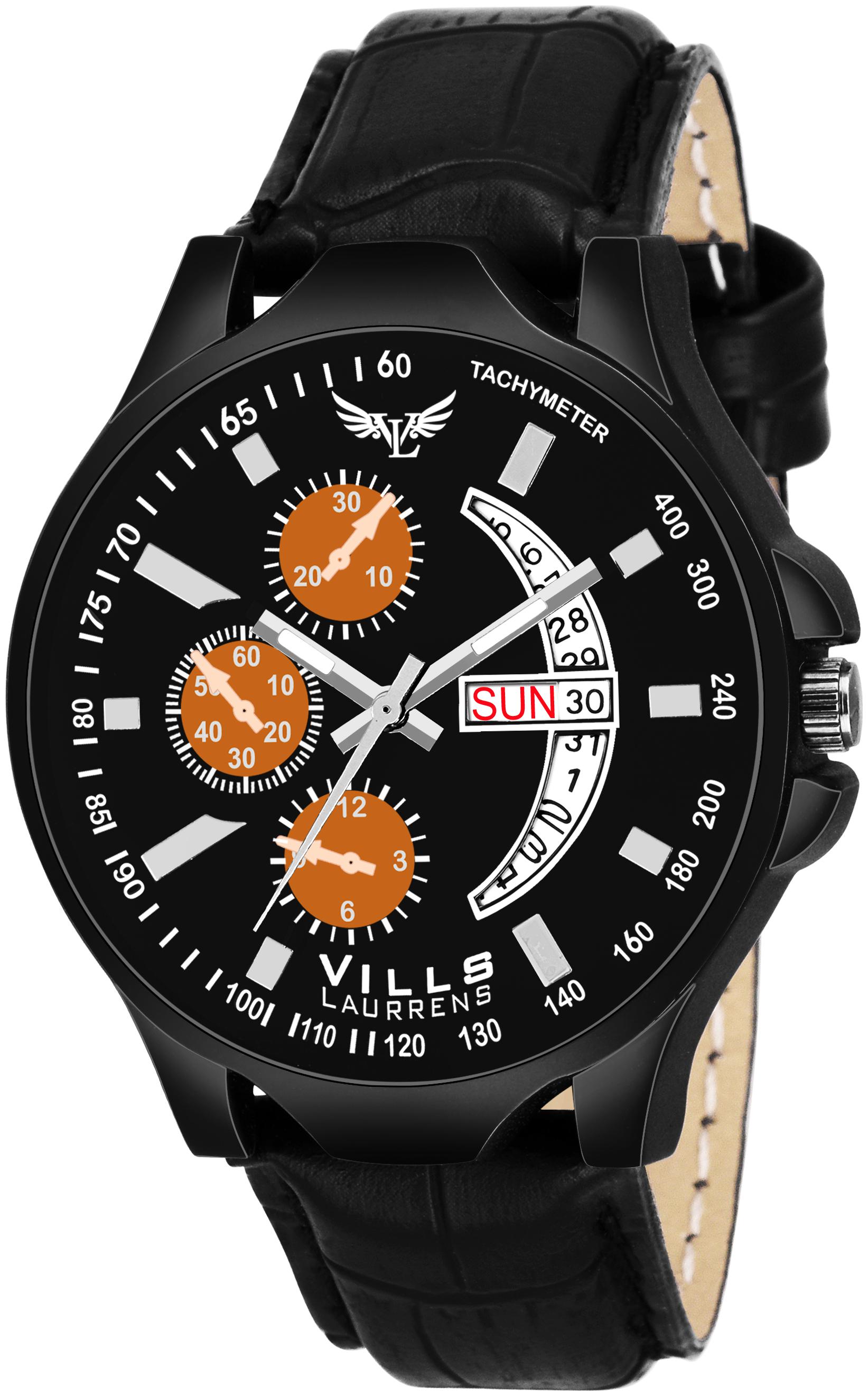 

Vills Laurrens VL-1158 Superior Day and Date Leather Strap (Black) Watch for Men and Boys