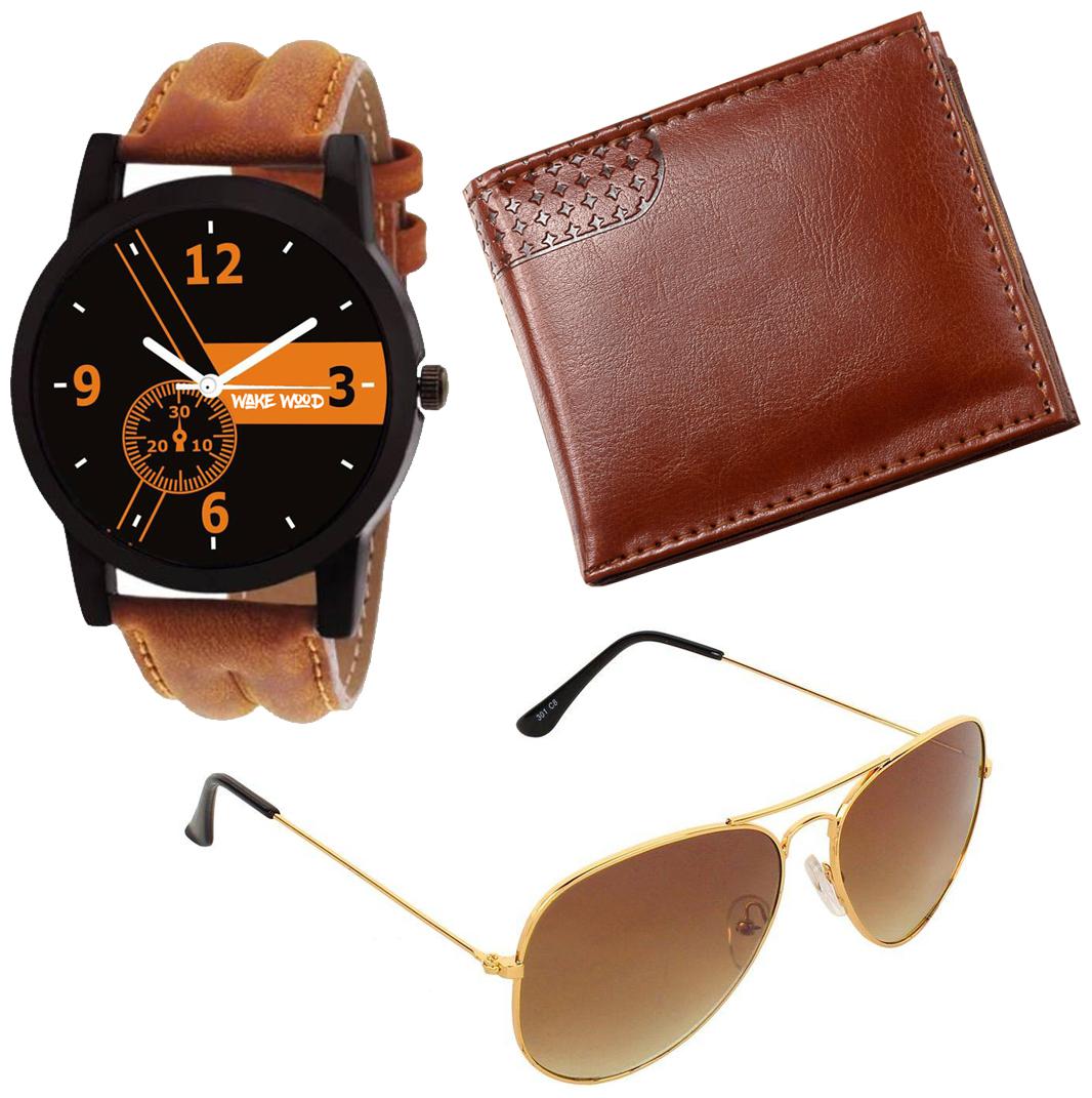 

Wake Wood Black Dial Analog Watch with Free Wallet Sunglasses