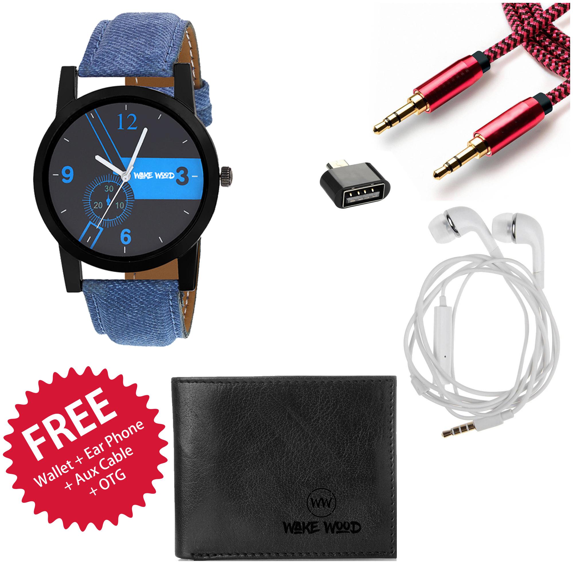 

Wake Wood Black Dial Watch For Men with Free Wallet Ear Phone Aux Cable OTG