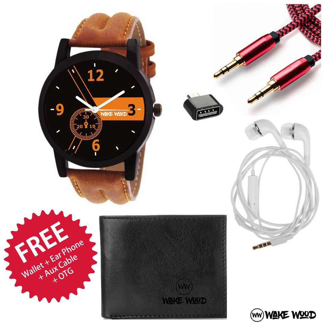 

Wake Wood Black Dial Watch For Men with Free Wallet Ear Phone Aux Cable OTG
