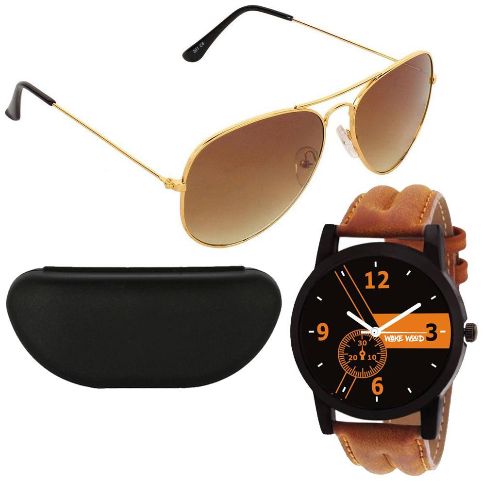 

Wake Wood Black Dial Watch with Free Brown Gredient UV 400 Sunglasses Hard Case