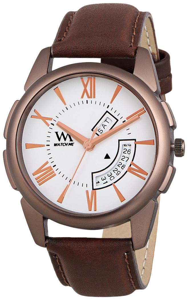 

Watch Me Day Date Collection White Dial Brown Leather Strap Watch for Men and Boys DDWM-038