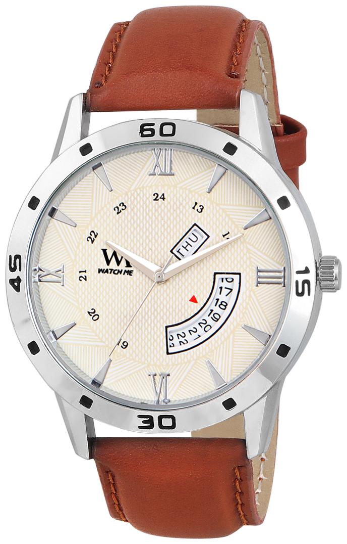 

Watch Me Day Date Collection White Dial Brown Leather Strap Watch for Men and Boys DDWM-048