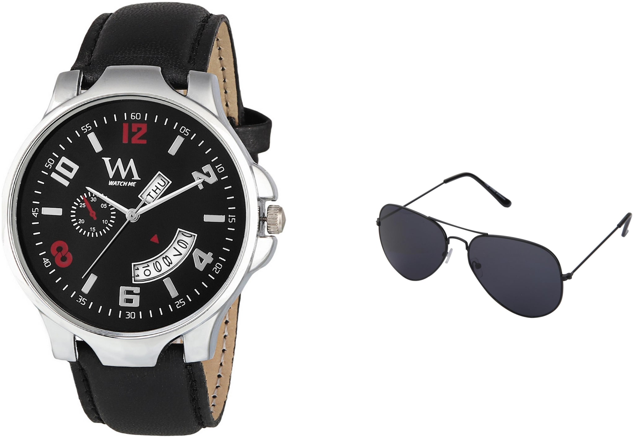 

Watch Me Gift Combo Set of Sunglasses and Black Dial Black Leather Strap Day and Date Collection Series Analog Quartz Watch for Women and Girls DDWM-009-Buabys DDWM-006-WMG-002