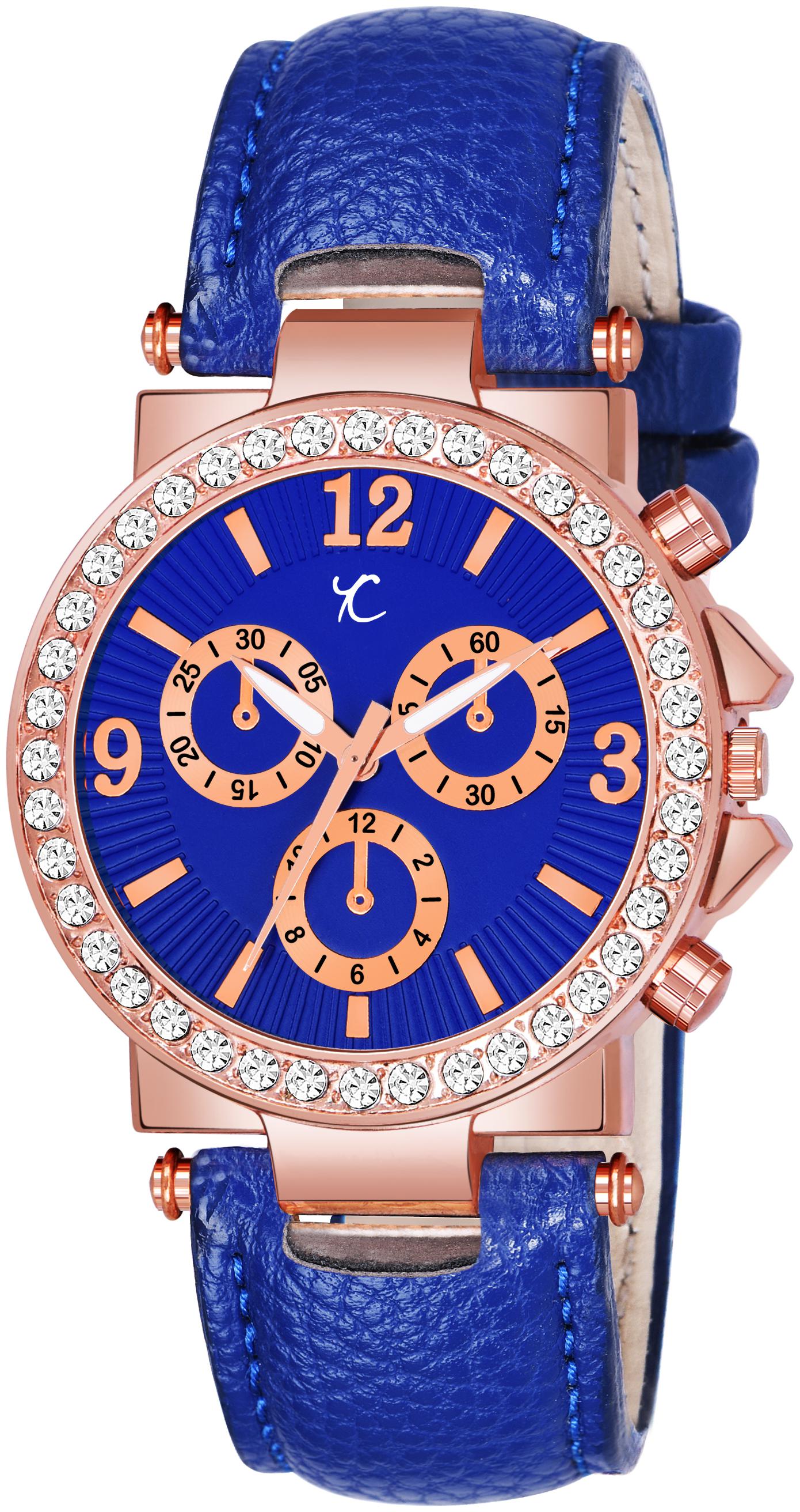 YOUTH CLUB Beautiful Blue Leather Strap With Studded Diamond Dial Analog Watch for Women and Girls by Shiva Traders