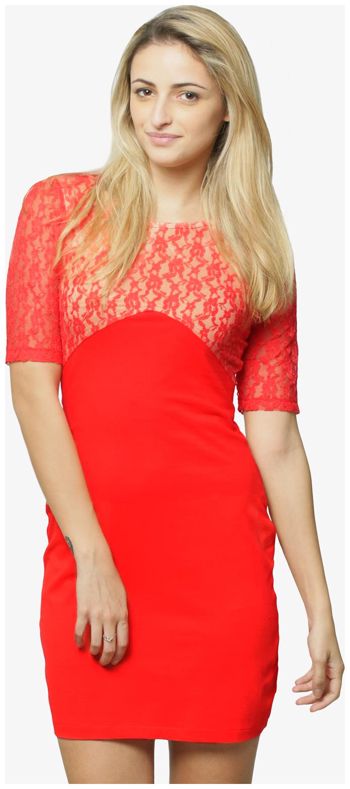 

Miss Chase Women s Coral Round Neck Half Sleeves Lace Midi Bodycon Dress