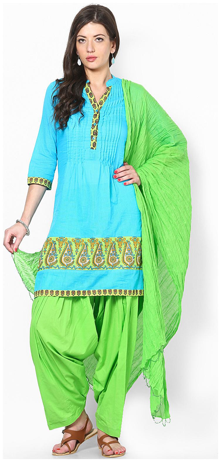 

Rajasthani Sarees Green Cotton Free Size Patiala Salwar With Dupatta