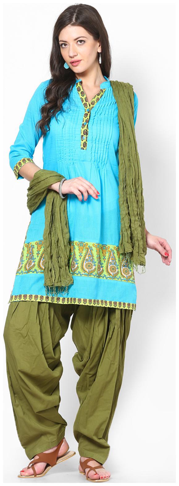

Rajasthani Sarees Mehendi Cotton Free Size Patiala Salwar With Dupatta