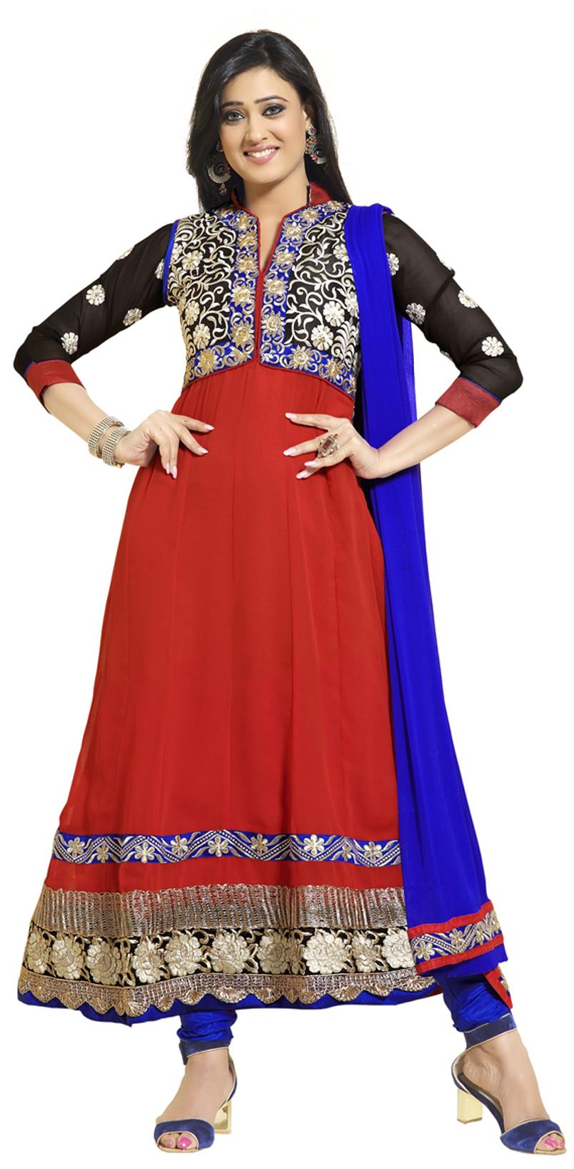 

Silkbazar Pretty Embrodried Orange And Black Anarkali With Shrug Dress Material