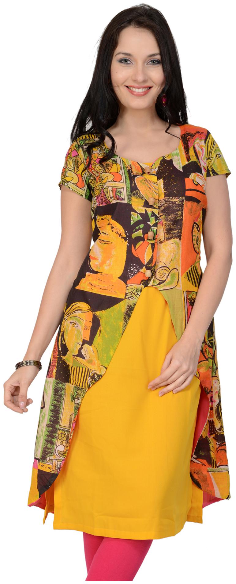 

Pannkh Women Yellow Printed Regular Kurta