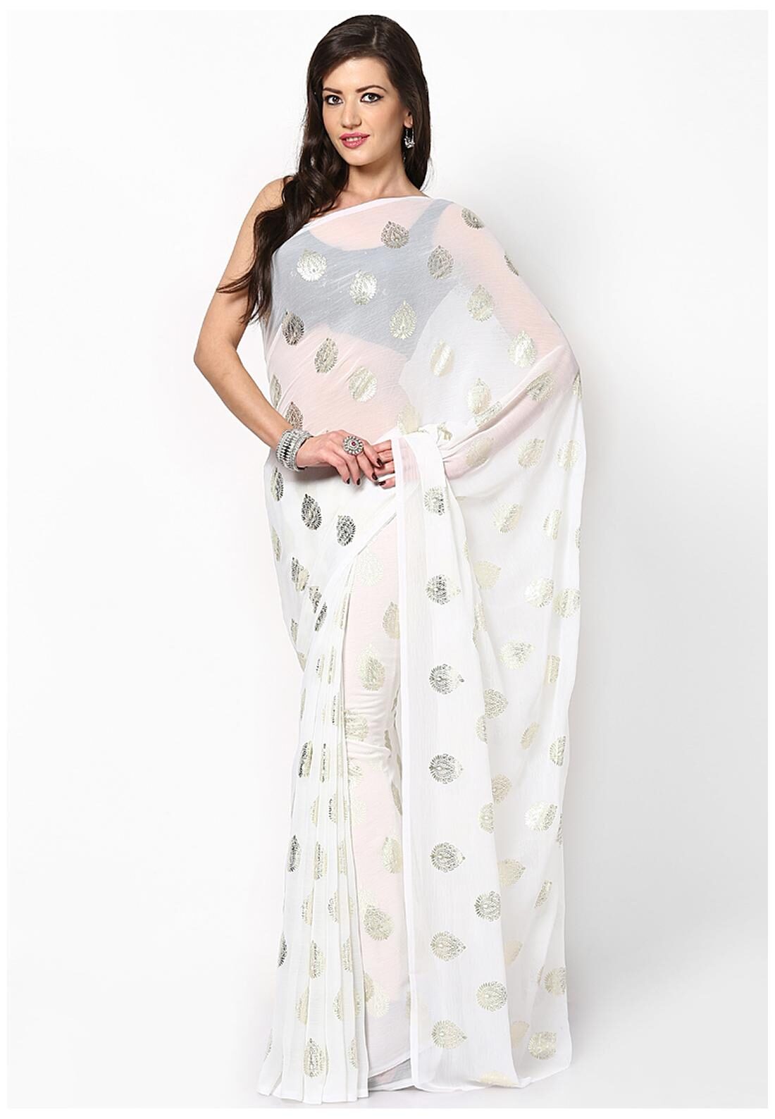 

JABAMA White Polka Dots Kutch Designer Saree With blouse