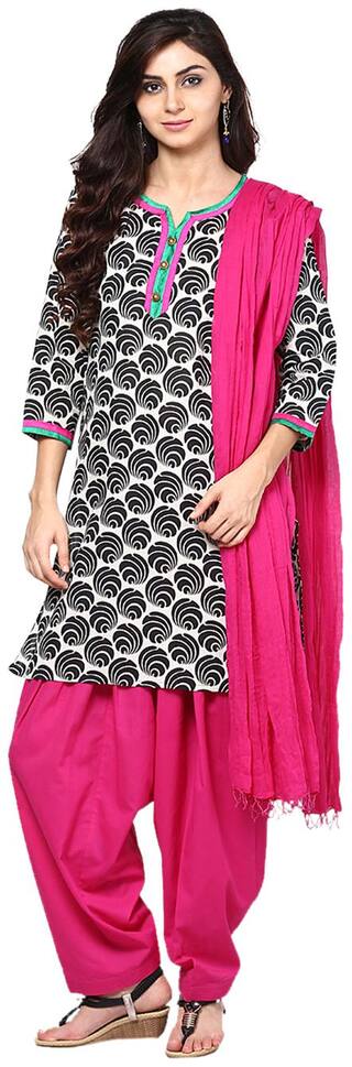 Jaipur Kurti Black And White And Pink Patiala Salwar Kameez With Dupatta