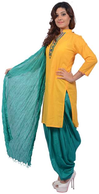 Jaipur Kurti Pure Cotton Yellow Sea Green Patiala Salwar Kameez With Duptta