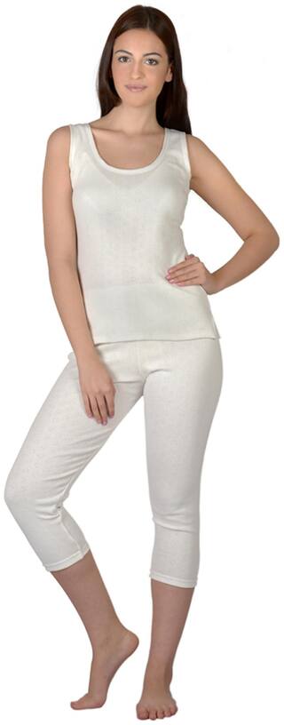 Selfcare Off-White Thermal Sleeveless Top And Lower For Women (Size-XL)