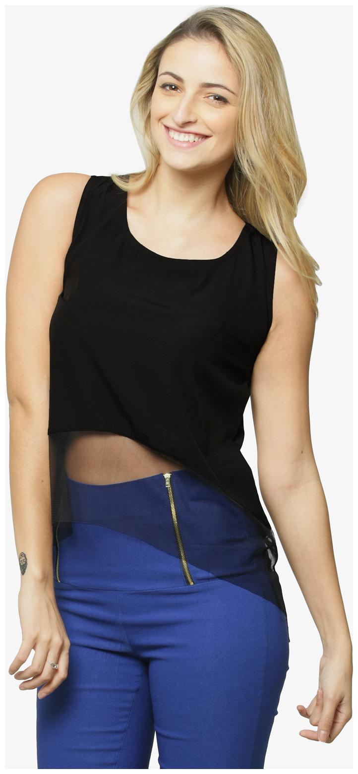 

Miss Chase Women s Black Round Neck Sleeveless Half Net Basic Top