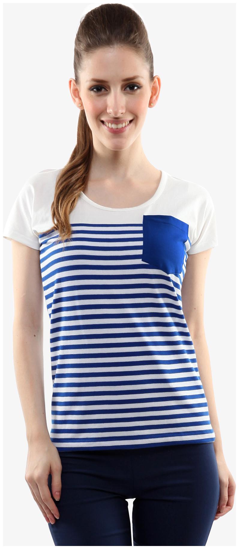 

Miss Chase Women s Blue and White Round Neck Short Sleeves Striped Top